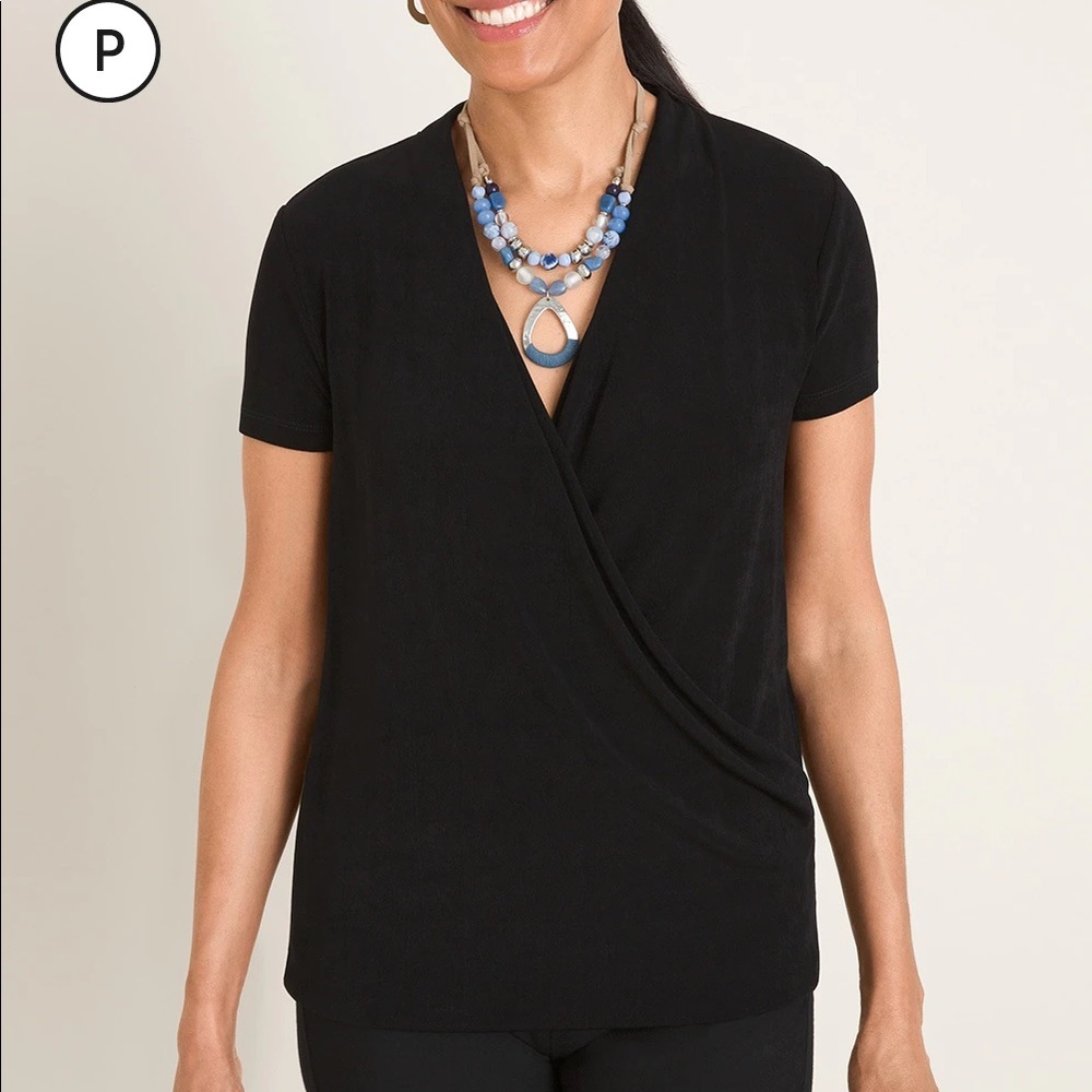 Chicos travelers black drape front top NWT 0 S